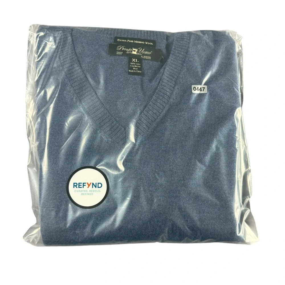 Pronto Uomo Extra Fine Merino Wool Sweater Mens XL Blue V Neck Pullover